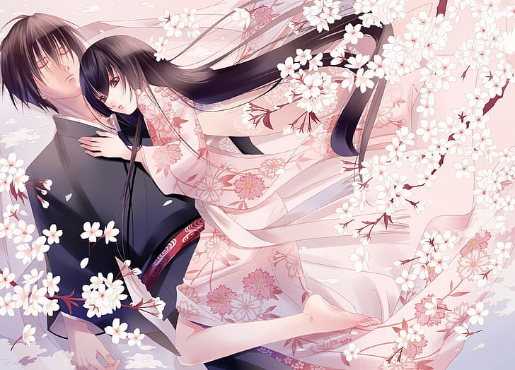 Boy, Girl, Hug, Kimono, Flowers, HD wallpaper | Wallpaperbetter