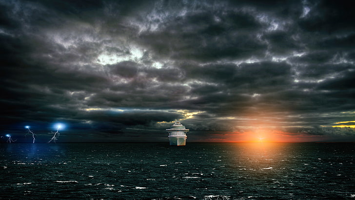 ship, Pacific Ocean, sea, sun rays, lightning, clouds, rendering, landscape, Photoshop, digital art, HD wallpaper