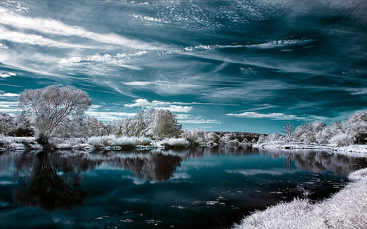 water clouds winter snow trees winter landscapes lakes reflections 1680x1050  Nature Lakes HD Art , Clouds, water, HD wallpaper