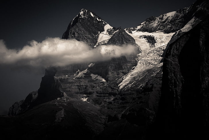 nature, landscape, monochrome, mountains, snowy peak, summit, clouds, Swiss Alps, HD wallpaper