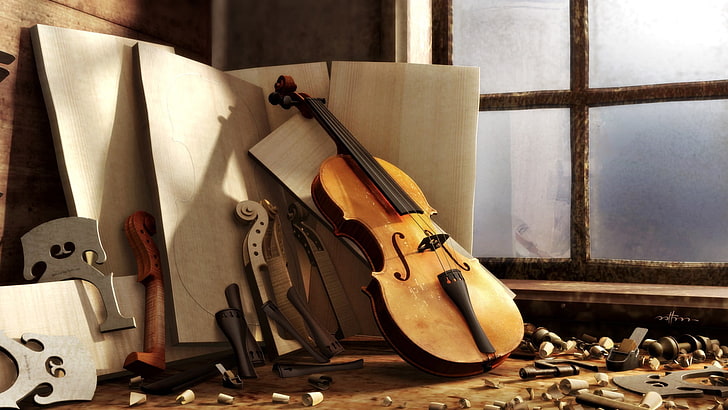 brown cello, musical instrument, violin, wood, window, HD wallpaper