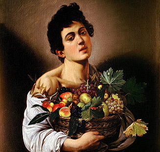 portrait, picture, Caravaggio, Michelangelo Merisi da Caravaggio, Boy with a Basket of Fruit, HD wallpaper HD wallpaper