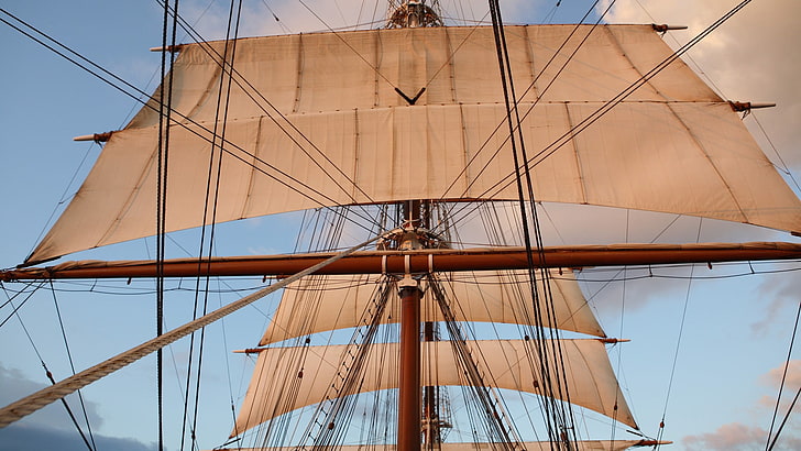 brown and black metal frame, sailing ship, sky, HD wallpaper