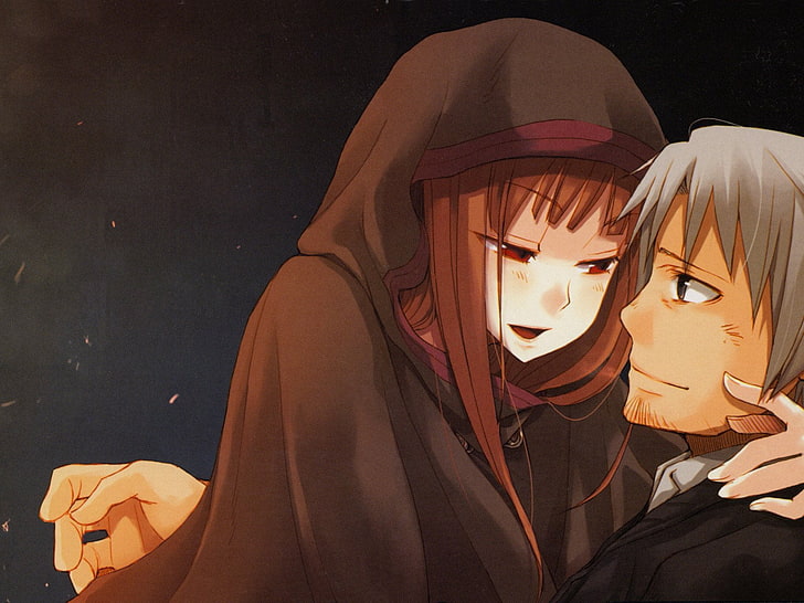 Tapeta cyfrowa Spice and Wolf, Anime, Spice and Wolf, Blush, Boy, Brown Hair, Coat, Girl, Gray Eyes, Gray Hair, Holo (Spice & Wolf), Hood, Kraft Lawrence, Long Hair, Red Eyes, Smile, Tapety HD