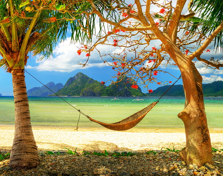 Отпуск HD Wallpaper, Плетеный коричневый гамак, Природа, Пляж, Отпуск, HD обои