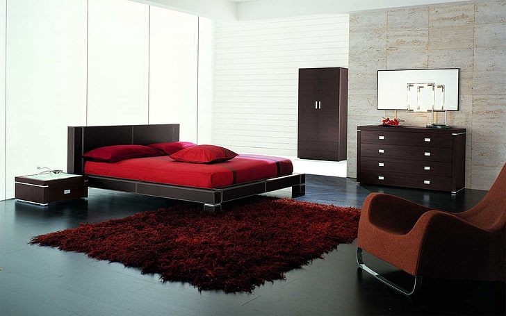 set di mobili per camera da letto in legno marrone, camera, letto, design, interno, moderno, Sfondo HD
