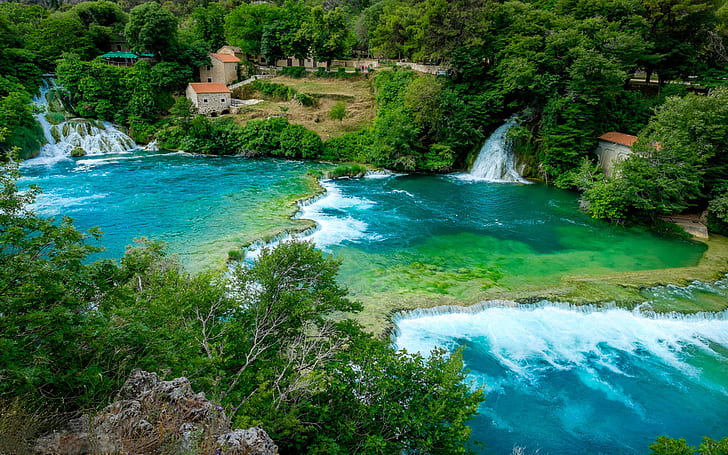 Plitvicesjöarnas vattenfall vid floden Krka nationalpark Kroatien Bakgrund för PC, surfplatta och mobil Ladda ner 1920 × 1200, HD tapet