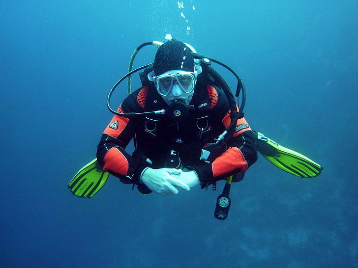глубоководный, дайвер, водолазный костюм, океан, подводное плавание, море, подводный, вода, HD обои
