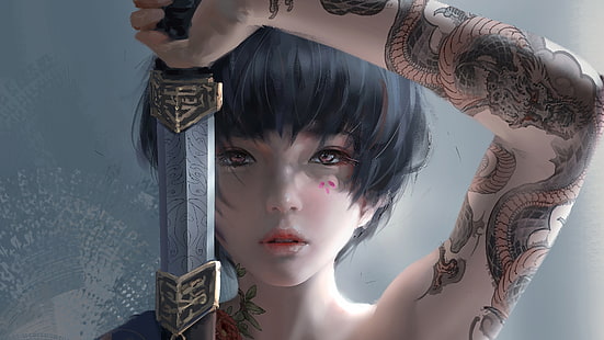 dziewczyna, miecz, fantasy, katana, tatuaż, azjatyckie, sztuka cyfrowa, dzieło sztuki, samuraj, wojownik, fantasy art, fantasy girl, Tapety HD HD wallpaper