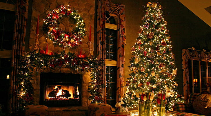 árvore de natal, enfeites, lareira, decorações de natal, flores, casa, feriado, conforto, árvore natal, enfeites, lareira, decorações de natal, flores, casa, feriado, conforto, HD papel de parede