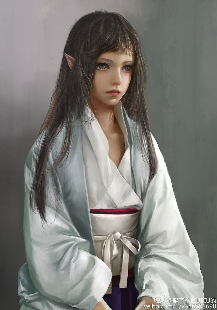 art, elf, eyes, fantasy, girl, Green, hair, kimono, Long, original, HD wallpaper