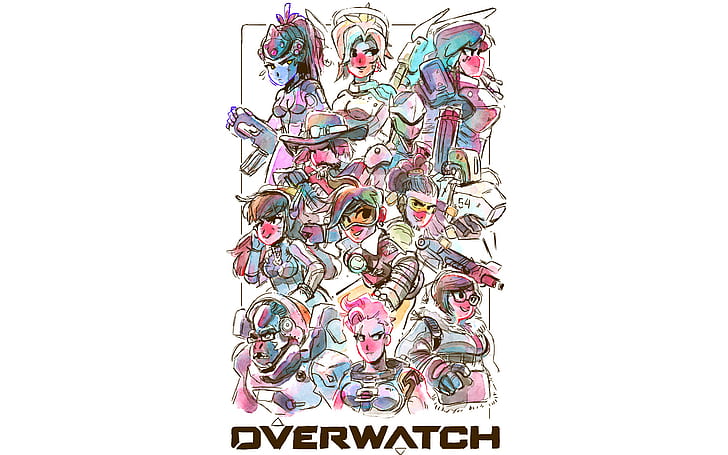 Overwatch, artwork, Widowmaker (Overwatch), Mercy (Overwatch), Pharah (Overwatch), McCree (Overwatch), Genji (Overwatch), D.Va (Overwatch), Tracer (Overwatch), Lúcio (Overwatch), Bastion (Overwatch), Winston (Overwatch), Zarya (Overwatch), Mei (Overwatch), Sfondo HD