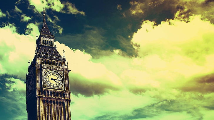 sky, clouds, lights, clocks, Big Ben, London, architecture, HD wallpaper