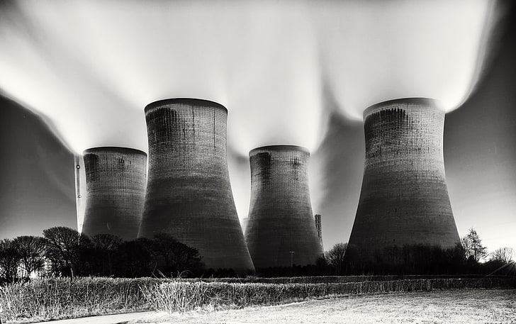 photography, monochrome, power plant, industrial, technology, cooling towers, HD wallpaper