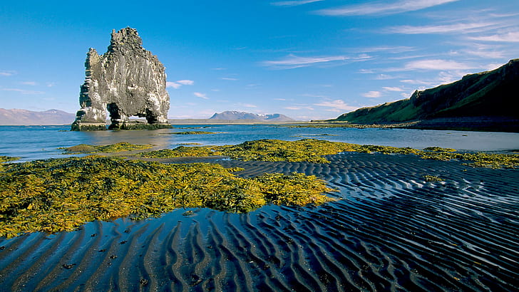 Исландия Природа Морско крайбрежие Морски плаж Индикация По-зелена трева 4k Ultra Hd тапети 1920 × 1080, HD тапет