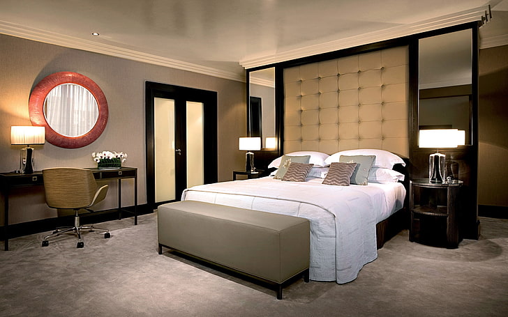 white bedding s, bedding, furniture, interior, mirror, chair, dresser, HD wallpaper