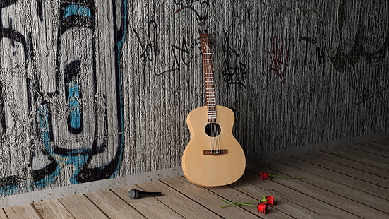 коричневая классическая гитара, гитара, цветы, микрофон, розы, настроение, GRIF, струны, DECA, акустика, HD обои HD wallpaper