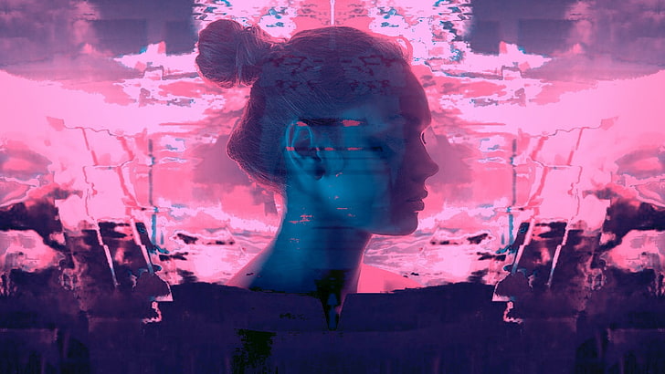 glitch art, vaporwave, women, closed eyes, HD wallpaper