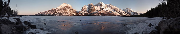 montagne enneigée, paysage, montagnes, lac, glace, neige, hiver, triple écran, affichage multiple, Fond d'écran HD