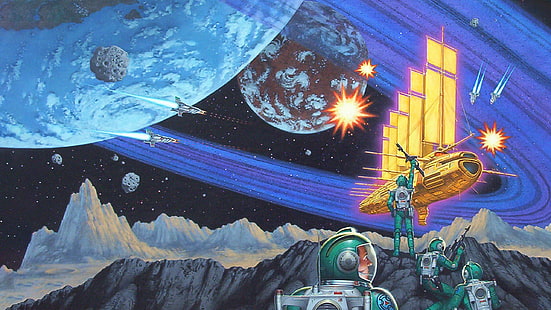 ruang, gaya Retro, astronot, pesawat ruang angkasa, planet, gunung, asteroid, bintang, Wallpaper HD HD wallpaper
