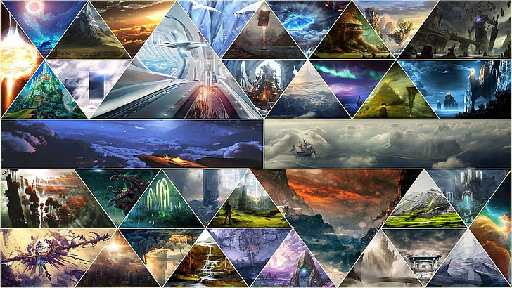 Waldillustrationscollage, Fantasiekunst, Geometrie, Dreieck, Mosaik, HD-Hintergrundbild