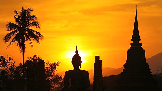 silhouette of man and woman, Thailand, Thai, yellow, Sun, temple, sky, old, Buddha, Buddhism, silhouette, HD wallpaper HD wallpaper