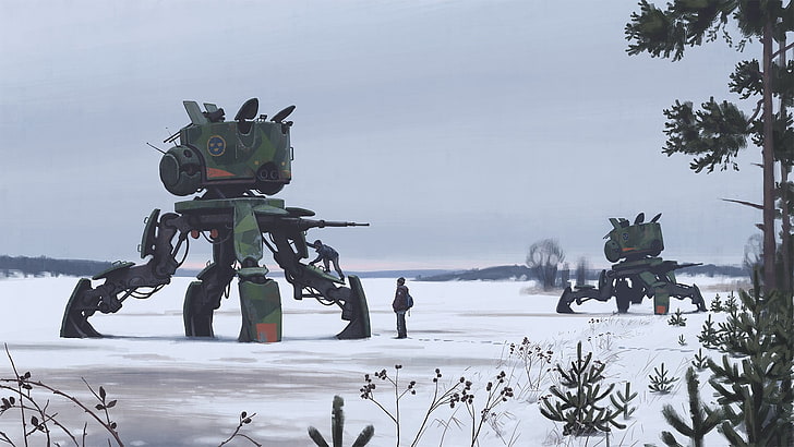 ilustracja jeździka na zielono, rysunek, Simon Stålenhag, futurystyczny, robot, apokaliptyczny, dzieło sztuki, science fiction, Tapety HD