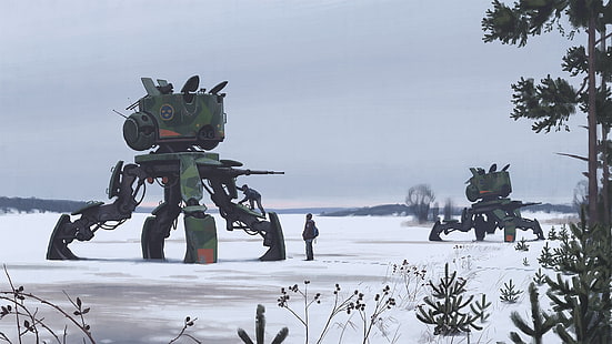 ilustracja jeździka na zielono, rysunek, Simon Stålenhag, futurystyczny, robot, apokaliptyczny, dzieło sztuki, science fiction, Tapety HD HD wallpaper