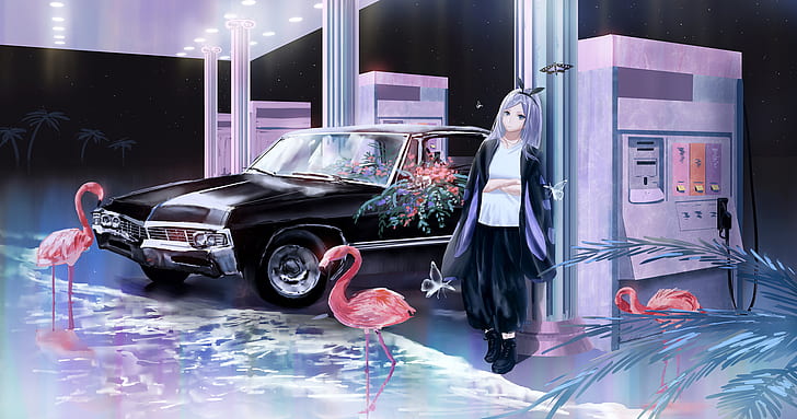 Аниме, оригинал, кола, фламинго, бензиностанция, момиче, HD тапет
