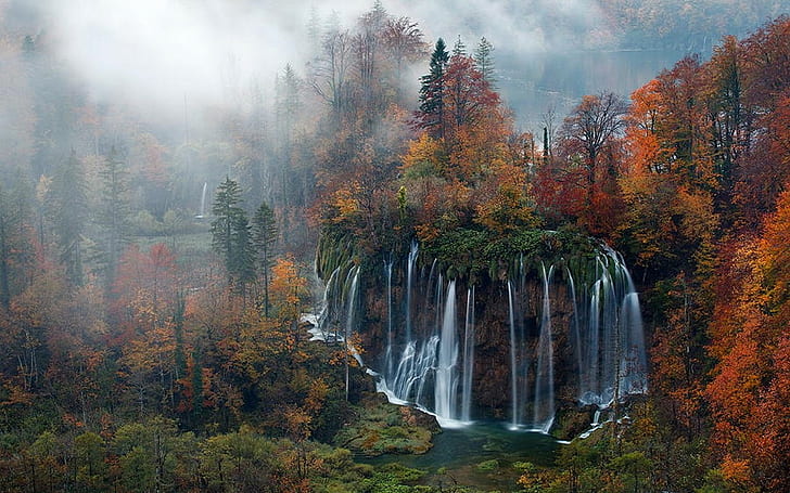 Природа, Пейзаж, Водопад, Гора, Мъгла, Сутрин, Падане, Национален парк Плитвички, Хърватия, природа, пейзаж, водопад, гора, мъгла, сутрин, есен, Плитвишки национален парк, Хърватия, HD тапет
