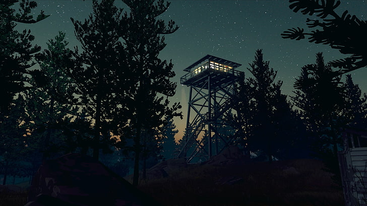 дом-башня, Firewatch, видеоигры, ночь, лес, деревья, звёзды, HD обои