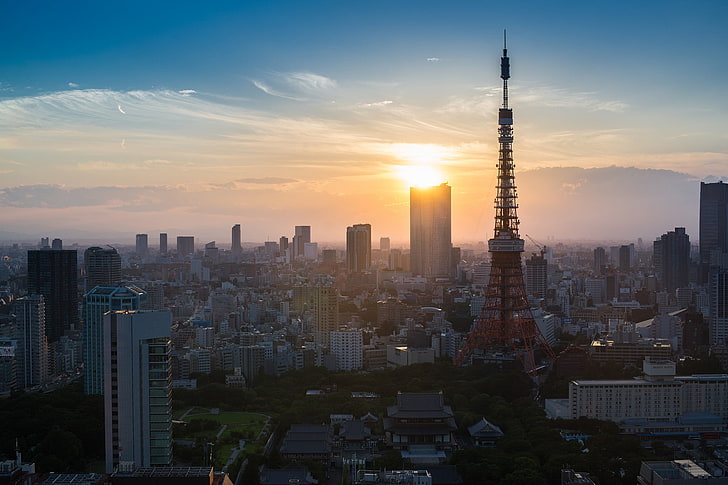 โตเกียวทาวเวอร์ญี่ปุ่นถ่ายภาพดวงอาทิตย์ในเมืองทิวทัศน์เมืองญี่ปุ่นโตเกียวอาคารโตเกียวทาวเวอร์, วอลล์เปเปอร์ HD
