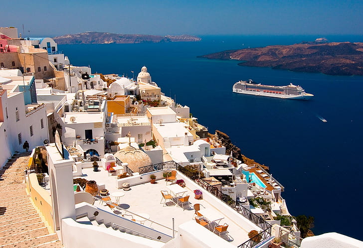 إيجة، اليونان، منزل، منزل، مناظر خلابة، بحر، سفينة، خلفية HD