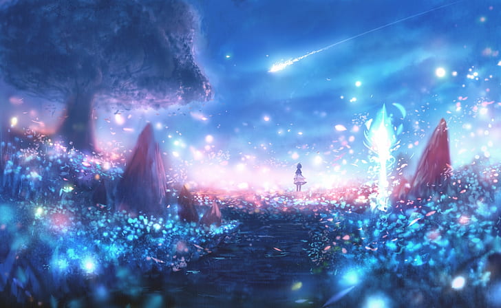 paisagem de anime, partículas, cênica, policromática, luzes, anime, HD papel de parede