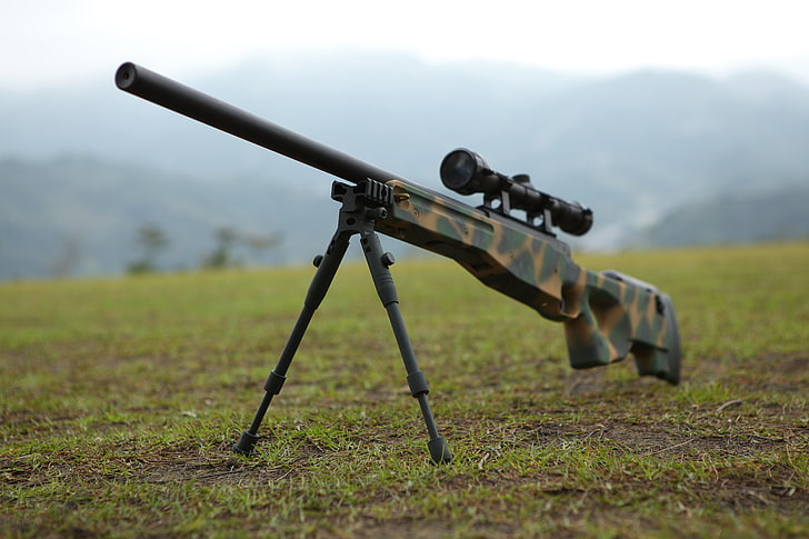 rifle de francotirador verde, marrón y negro, armas, óptica, rifle, francotirador, awp, bípode, awm, Arctic Warfare Magnum, color de camuflaje, Fondo de pantalla HD
