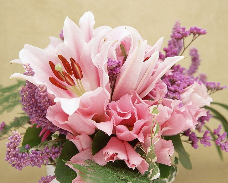pink flowers, lilies, flowers, bouquet, decoration, HD wallpaper