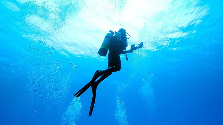 scuba, diver, sea, blue, camera, suit, black, tank, bubbles, swimming, diving, water, underwater, HD wallpaper
