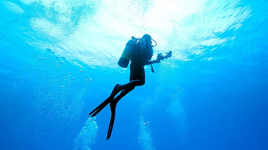 аквалангист, дайвер, море, синий, камера, костюм, черный, танк, пузыри, плавание, дайвинг, вода, подводный, HD обои HD wallpaper