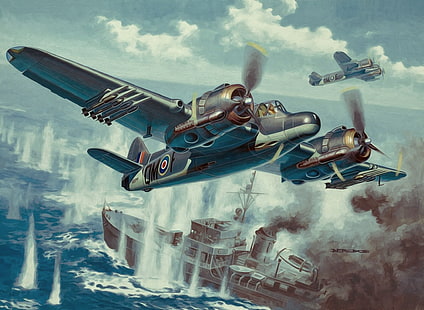 синий самолет-истребитель иллюстрация, оружие, война, живопись, рисунок, ww2, воздушный бой, раф, британский истребитель, британский самолет, искусство авиации, армия, HD обои HD wallpaper