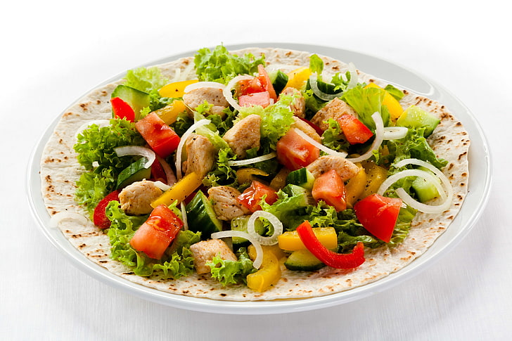 vegetable salad, salad, meat, vegetables, plate, white background, HD wallpaper