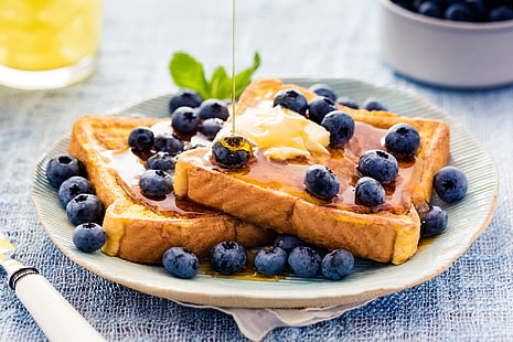 bread with blueberries, food, toast, toasts, honey, breakfast, fruit, HD wallpaper HD wallpaper