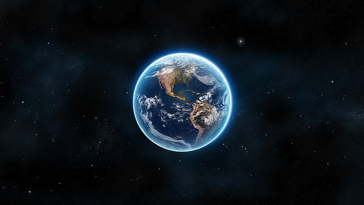 ilustração da terra, terra, espaço, planeta, brilhando, arte espacial, arte digital, ciano, estrelas, América do Norte, HD papel de parede