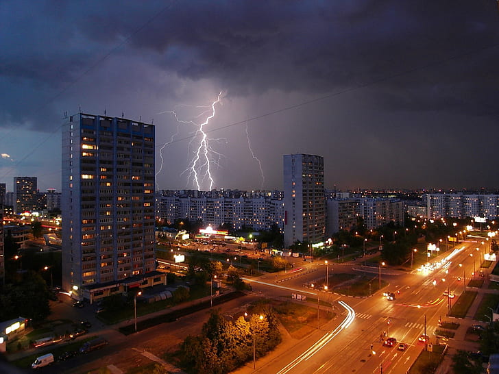Moscow night city, lightning, road, houses, lights, Moscow, Night, City, Lightning, Road, Houses, Lights, HD wallpaper