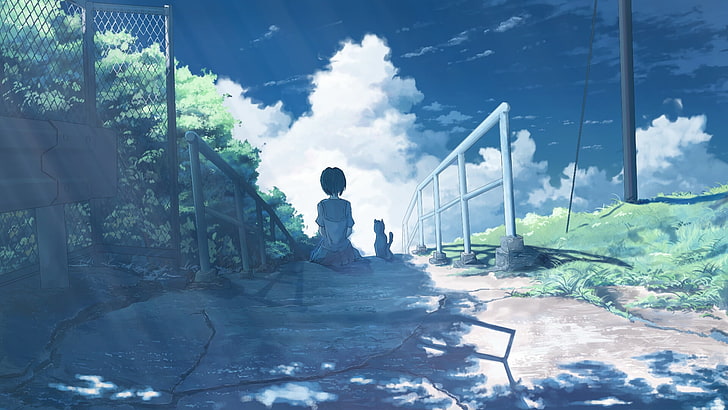 женщина аниме персонаж рядом с кошкой обои, аниме, аниме девушки, произведения искусства, облака, пейзаж, небо, кошка, забор, HD обои