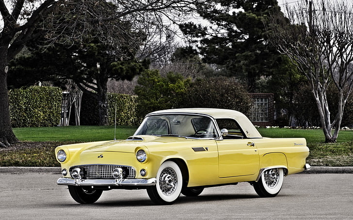 classic yellow soft-top coupe, ford, thunderbird, 1955, yellow, side view, HD wallpaper