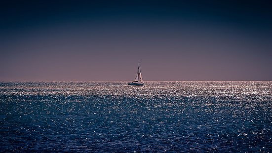 horizon, boat, sea, sail, calmness, peace, ocean, night, waterscape, HD wallpaper HD wallpaper