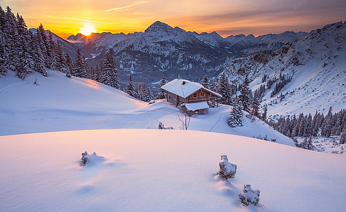 przyroda, krajobraz, Tyrol, zima, kabina, góry, sosny, śnieg, niebo, las, Tapety HD HD wallpaper