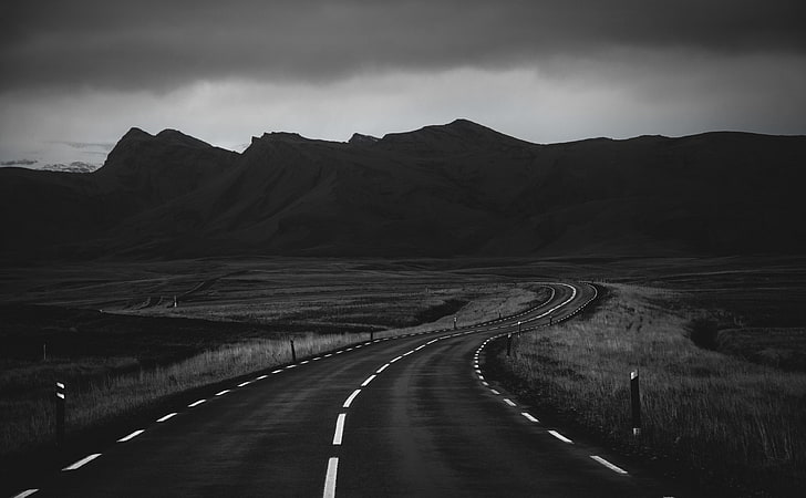 Път в черно и бяло, сив асфалтов път, Черно и бяло, Тъмно, Пътуване, Черно, Пътуване, Пътуване, Път, Маршрут, Европа, Исландия, Монохромен, Облачно, черно-бяло, HD тапет