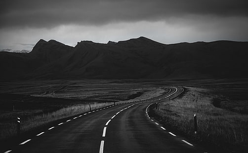Път в черно и бяло, сив асфалтов път, Черно и бяло, Тъмно, Пътуване, Черно, Пътуване, Пътуване, Път, Маршрут, Европа, Исландия, Монохромен, Облачно, черно-бяло, HD тапет HD wallpaper