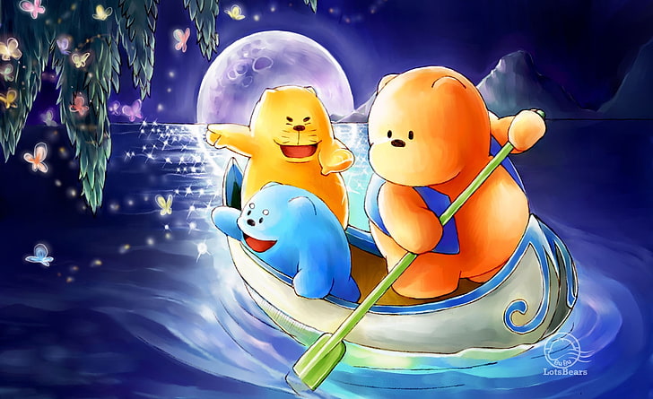 Bei Sternenlicht, bei Mondlicht, bei Mondlicht, bei drei verschiedenfarbigen Figuren, die auf Booten abgebildet sind, HD-Hintergrundbild